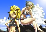  ahoge animal_ears barefoot bikini blonde_hair breasts chin_rest cleavage crossed_legs day forehead_jewel fox_ears hand_on_hip kazue large_breasts long_hair midriff multicolored_hair multiple_girls namco_x_capcom navel red_eyes saya_(namco_x_capcom) short_hair silver_hair sitting sports_bikini super_robot_wars super_robot_wars_og_saga_mugen_no_frontier swimsuit tankini two-tone_hair xiaomu yellow_eyes 