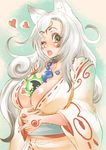  amaterasu animal_ears breasts cleavage heart huge_breasts issun japanese_clothes long_hair necklace okami open_mouth orange_eyes personification tagme white_hair 