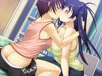  armpits ass bed blue_hair blush bookshelf breasts butt_crack camisole closed_eyes denim downpants dutch_angle game_cg jeans kanagi-inmu_gakuen kiss kneeling large_breasts long_hair multiple_girls no_bra no_panties non-web_source pants purple_hair red_eyes sayama_makoto senbata-rou shirt short_hair shorts sitting striped striped_shirt surprise_kiss surprised tank_top twintails watase_kanagi yuri 