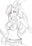  belt bikini_top breasts cleavage fuu_(futian) gloves greyscale hair_ornament large_breasts long_hair midriff monochrome ponytail scarf short_shorts shorts sketch solo tengen_toppa_gurren_lagann traditional_media yoko_littner 