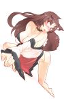  1girl all_fours animal_ears bare_shoulders barefoot blush breasts brown_hair choker cleavage detached_sleeves dress dress_lift erect_nipples eyebrows_visible_through_hair full_body hanging_breasts head_tilt highres huge_breasts imaizumi_kagerou licking_self licking_shoulder long_hair looking_to_the_side no_bra no_pants non_(z-art) panties red_eyes simple_background solo tail tongue tongue_out touhou underwear white_background white_panties wide_sleeves 