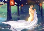  ariverkao bathing black_hair breasts bridge covering double_bun japanese_clothes kimono lantern large_breasts nude original paper_lantern petals pussy solo wading water 