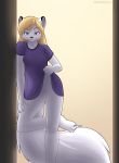  2019 absurd_res anthro arctic_fox bedroom_eyes blonde_hair blush breasts canid canine clothed clothing clothing_lift digital_media_(artwork) doorframe female fox fur hair half-closed_eyes hi_res looking_at_viewer mammal nipples nude oversized_shirt pussy raised_shirt seductive shirt shirt_lift sidni sidnithefox simple_background smaller_version_at_source smile solo standing white_fur 