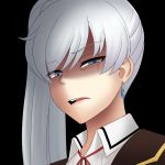  1girl black_background blue_eyes cslucaris disgust earrings eyebrows jewelry long_hair open_mouth ponytail rwby scar school_uniform side_ponytail simple_background solo teeth tied_hair tongue uniform weiss_schnee white_hair 