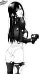  ass bodysuit breasts comic from_behind gantz greyscale gun highres large_breasts long_hair looking_back monochrome no_pants official_art oku_hiroya panties scan shimohira_reika simple_background smile solo standing thighhighs underwear weapon x-gun 