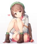  1girl ass bag bare_legs blush boots brown_eyes brown_footwear brown_hair closed_mouth commentary_request convenient_leg creatures_(company) female_protagonist_(pokemon_swsh) full_body game_freak green_hat green_legwear grey_jacket hat head_tilt heart highres hood hood_down hooded_jacket jacket knees_up leg_hug long_sleeves looking_at_viewer miniskirt nijihashi_sora nintendo pink_shirt pink_skirt plaid poke_ball poke_ball_(generic) pokemon pokemon_(game) pokemon_swsh puffy_sleeves shadow shirt short_hair shoulder_bag skirt smile socks solo thighs white_background 