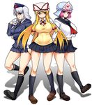  alternate_costume blonde_hair breasts duplicate grey_eyes hat kneehighs large_breasts legs long_hair multiple_girls namidame non-web_source pink_eyes pink_hair ribbon saigyouji_yuyuko school_uniform short_hair silver_hair skirt socks touhou yagokoro_eirin yakumo_yukari yellow_eyes 