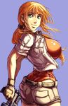  belt breasts copyright_request daniel_fielding from_behind gloves green_eyes gun jacket large_breasts leotard looking_back orange_hair orange_leotard ponytail shorts sideboob smile solo weapon 