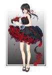  1girl bangs bare_arms bare_shoulders black_dress black_footwear black_hair blush bouquet commentary_request dress flower grey_background hair_over_one_eye hair_ribbon highres holding holding_bouquet ji_dao_ji long_hair low_twintails no_socks open_mouth original red_eyes red_flower red_ribbon red_rose ribbon rose shoes solo standing strapless strapless_dress twintails two-tone_background white_background 
