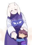  1girl 1other androgynous animal_ears blue_eyes breasts brown_hair eyes_closed frisk_(undertale) furry goat_ears goat_girl highres horns hug large_breasts mogiki_hayami shirt smile striped striped_shirt toriel undertale 