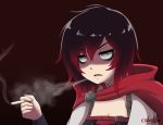  1girl black_hair cape cigarette cslucaris eyebrows multicolored_hair open_mouth red_hair ruby_rose rwby short_hair silver_eyes simple_background smoke smoking solo two-tone_hair 