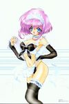  90s :d black_legwear blue_eyes breasts bridal_gauntlets choker cleavage copyright_request garters headdress looking_at_viewer medium_breasts midriff navel open_mouth pink_hair ramiya_ryou ribbon short_hair smile solo thighhighs tray waitress 