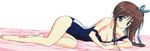  akane-iro_ni_somaru_saka artist_request barefoot bed_sheet breasts brown_hair cleavage feet green_eyes highres legs long_image long_legs medium_breasts nagase_minato non-web_source one-piece_swimsuit ponytail ribbon school_swimsuit solo swimsuit thighs wide_image 