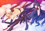  aka_(shoumae) bad_id bad_pixiv_id bed between_breasts blue_eyes boots breasts elbow_gloves feet gloves hands heterochromia large_breasts legs long_hair lying multiple_girls orange_eyes original panties red_eyes sheath sheathed sword thigh_boots thighhighs topless underwear underwear_only weapon 