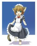  animal_ears apron barefoot bell bell_collar blue_eyes blush brown_hair cat cat_ears cat_tail child collar cute fang furry happy ka_(pixiv341010) kagerofu maid maid_apron maid_headdress open_mouth ribbon short_hair skirt solo tail 