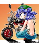  blue_eyes blue_hair butt_crack downpants flat_chest ground_vehicle hair_bobbles hair_ornament hat jude_(minority_lilac) jumpsuit kawashiro_nitori looking_back mechanic minibike motor_vehicle motorcycle mouth_hold short_hair solo tattoo topless touhou twintails two_side_up wrench 