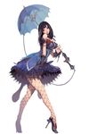  black_hair breasts clare_setilan dress fishnet_pantyhose fishnets high_heels kim_hyung_tae large_breasts long_hair magna_carta magna_carta_2 pantyhose shoes solo umbrella 