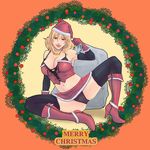  :q alva blonde_hair boots breasts christmas cleavage copyright_request hat highres large_breasts midriff panties purple_eyes santa_costume santa_hat solo thighhighs tongue tongue_out underwear zipper 