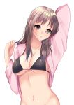  1girl arm_up bangs black_bra blush bra breasts brown_eyes brown_hair cleavage collarbone commentary_request eyebrows_visible_through_hair head_tilt jacket long_hair looking_at_viewer medium_breasts misaki_(misaki86) navel open_clothes open_jacket original out-of-frame_censoring parted_lips pink_jacket simple_background solo underwear upper_body white_background 