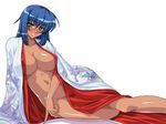  blue_hair blush breasts cleavage dark_skin emina&amp;aki emina_(character) emina_(emina&amp;aki) japanese_clothes kagami kagami_hirotaka lying navel no_bra no_panties open_clothes open_robe robe smile 