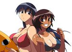  :3 azumanga_daiou back-to-back beach bikini black_eyes black_hair breast_press breasts brown_eyes brown_hair chiyo_chichi cirima cleavage clenched_hands front-tie_top grin kagura_(azumanga_daiou) large_breasts long_hair multiple_girls one-piece_tan sakaki shiny shiny_skin short_hair smile swimsuit tan tanline wind 