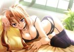  angela_victoire_blendin bed black_legwear black_panties blush bra breasts choker cleavage garter_belt large_breasts lingerie long_hair looking_at_viewer lying morning naughty_face on_side orange_hair panties pillow pink_eyes ponytail princess_waltz scan scan_artifacts smile solo strap_slip takeya_masami thigh_gap thighhighs tiara underwear underwear_only window 