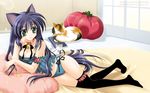  animal_ears bed bell bell_collar breasts cat cat_ears cellphone cleavage collar green_eyes highres kanna_(plum) large_breasts long_hair lying original panties phone pillow purple_hair solo thighhighs underwear very_long_hair 
