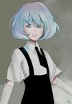  1girl bangs black_neckwear blue_eyes blue_hair collared_shirt diamond_(houseki_no_kuni) elbow_gloves eyebrows_visible_through_hair eyes_visible_through_hair gem_uniform_(houseki_no_kuni) gloves grey_eyes hair_between_eyes highres houseki_no_kuni looking_at_viewer necktie parody parted_lips portrait real_life shirt short_sleeves smile solo suspenders swept_bangs takeuchi_mariya thotcelot upper_body white_shirt 