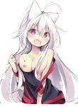  1girl absurdres ahoge animal_ears blush breasts chiya_(urara_meirochou) cleavage collarbone commentary_request fangs highres kyuukon_(qkonsan) long_hair looking_at_viewer medium_breasts open_mouth portrait red_eyes shirt silver_hair simple_background urara_meirochou white_background 