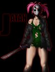  blood breasts cleavage cosplay friday_the_13th gloves hockey_mask jason_voorhees jason_voorhees_(cosplay) legs machete medium_breasts muscle pink_hair short_hair solo tetsu_mukuro thighs torn_clothes twintails 