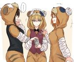  +++ ... 3girls animal_costume bandage bangs bartender bear_costume bear_hood beige_background black_jacket black_neckwear blonde_hair blunt_bangs boko_(girls_und_panzer) bow bowtie brown_hair brown_vest closed_mouth cocktail_shaker commentary constricted_pupils cutlass_(girls_und_panzer) eyebrows_visible_through_hair eyepatch frown girls_und_panzer gloom_(expression) hand_on_own_chin handkerchief holding jacket kuromorimine_military_uniform long_sleeves looking_at_another maid_headdress motion_lines multiple_girls nishizumi_maho nishizumi_miho open_mouth outside_border parted_bangs short_hair smile spoken_ellipsis sweatdrop vest yellow_eyes yuuyu_(777) 