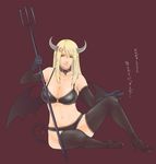  alva bat_wings blonde_hair bra breasts collar copyright_request demon_girl elbow_gloves gloves horns large_breasts lingerie panties pitchfork pointy_ears solo stomach tail thighhighs translated underwear underwear_only wings 