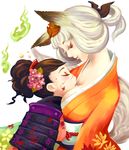  animal_ears breasts brown_hair cleavage eyes_closed inari japanese_clothes kimono kongiku large_breasts momohime oboro_muramasa oboro_muramasa_youtouden white_hair 