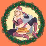  :q alva bad_id bad_pixiv_id blonde_hair boots breasts christmas cleavage copyright_request hat highres large_breasts midriff purple_eyes santa_costume santa_hat solo thighhighs tongue tongue_out zipper 
