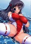  absurdres black_hair blue_hair blush breasts cameltoe headband highres large_breasts long_hair one-piece_swimsuit queen's_blade raidon solo swimsuit thighhighs tomoe water wet 