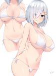 1girl bare_shoulders bikini blue_eyes blush breasts closed_mouth collarbone hair_ornament hair_over_one_eye hairclip hamakaze_(kantai_collection) highres kantai_collection kuavera large_breasts looking_at_viewer multiple_views navel short_hair silver_hair simple_background smile solo swimsuit thighs white_background white_bikini 