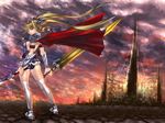  armor ass bardiche blonde_hair cape energy_sword fate_testarossa legs lips long_hair lyrical_nanoha mahou_shoujo_lyrical_nanoha solo sword thighhighs tobimaru twintails weapon 