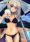 1girl absurdres arm_behind_back artist_name bangs beach beach_umbrella bikini black_bikini black_choker blue_sky blurry blurry_background blush breasts cherry choker closed_mouth cloud cloudy_sky commentary cup drinking_straw flower food frown fruit girls_und_panzer gluteal_fold groin hair_flower hair_ornament head_tilt highres holding holding_cup holding_food itsumi_erika karu_(ricardo_2628) lime_slice long_hair looking_at_viewer medium_breasts navel ocean outdoors sarong shaved_ice side-tie_bikini signature sky solo standing swimsuit thighs umbrella 