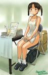  1girl apron awatake_takahiro chair character_request copyright_request folding_chair nervous nude pigtails shoes short_twintails solo translation_request twintails 