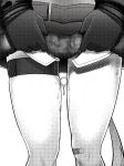  1girl bandaid bandaid_on_knee between_legs close-up commentary fur-trimmed_jacket fur_trim girls_frontline gloves greyscale highres hs2000_(girls_frontline) jacket leonat long_sleeves lower_body monochrome shirt simple_background skindentation sleeves_past_wrists solo suggestive_fluid sweat thigh_strap thighs white_background 