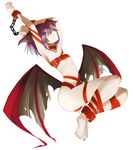  barefoot bat_wings bdsm beltbra bondage bound chain demon_girl fang feet flat_chest highres lilith_aensland low_wings purple_hair short_hair solo succubus tansuke vampire_(game) wings 