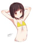  1girl arms_behind_head arms_up bangs bare_arms bare_shoulders bikini blush brown_hair closed_mouth collarbone cropped_torso dated eyebrows_visible_through_hair flat_chest front-tie_bikini front-tie_top leaning_back maze_(gochama_ze_gohan) navel original red_eyes signature simple_background smile solo swimsuit upper_body white_background yellow_bikini 