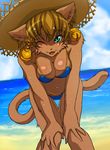  68 beach bell bell_earrings bikini breasts daena furry green_eyes hat legend_of_mana ocean seiken_densetsu swimsuit water wet wink 