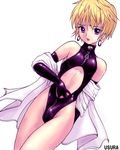  blonde_hair bulge copyright_request crossdressing earrings flat_chest jewelry male_focus otoko_no_ko purple_eyes short_hair solo usura 