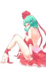  1girl ankle_ribbon ass bare_back bare_shoulders barefoot blush breast_suppress breasts clothes_down erect_nipples frills green_eyes green_hair hair_ribbon highres kagiyama_hina large_breasts looking_at_viewer neck_ribbon non_(z-art) off_shoulder ribbon simple_background solo touhou undressing white_background 