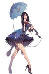  black_hair breasts clare_setilan dress fishnet_pantyhose fishnets high_heels highres kim_hyung_tae large_breasts long_hair magna_carta magna_carta_2 pantyhose shoes solo umbrella 