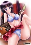  akiyama_mio bikini black_hair blue_eyes breasts cameltoe guitar guitar_case instrument instrument_case k-on! long_hair medium_breasts mouth_hold nail_polish obiwan pink_nails plaid plaid_skirt plectrum sitting skirt solo striped striped_bikini sweat swimsuit 