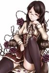  black_panties brown_hair dress flower glasses ina_(gokihoihoi) long_hair mole mole_under_eye naughty_face original panties pantyshot rose sitting solo thighhighs thorns underwear 