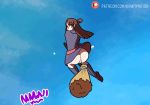  1girl animated animated_gif ass blush boots broom brown_hair embarrassed eyebrows_visible_through_hair from_behind kagari_atsuko kinkymation little_witch_academia long_hair looking_back no_panties open_mouth patreon_username pussy short_ponytail sky solo text_focus 