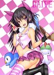  1girl ass black_hair boots cross daive eevee midriff miniskirt no_panties original pink_eyes piplup poke_ball pokeball pokemon ralts skirt swablu upskirt 